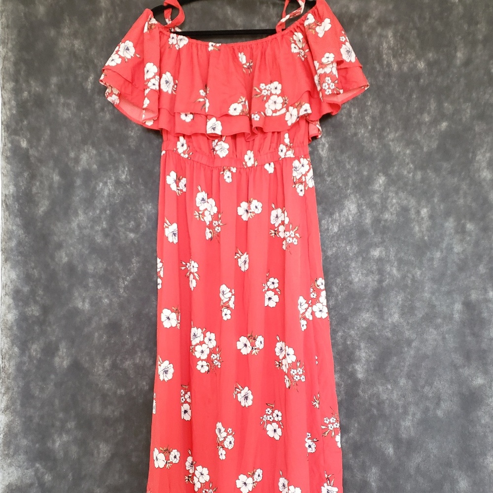 Primark red floral off the shoulder maxi dress 14
